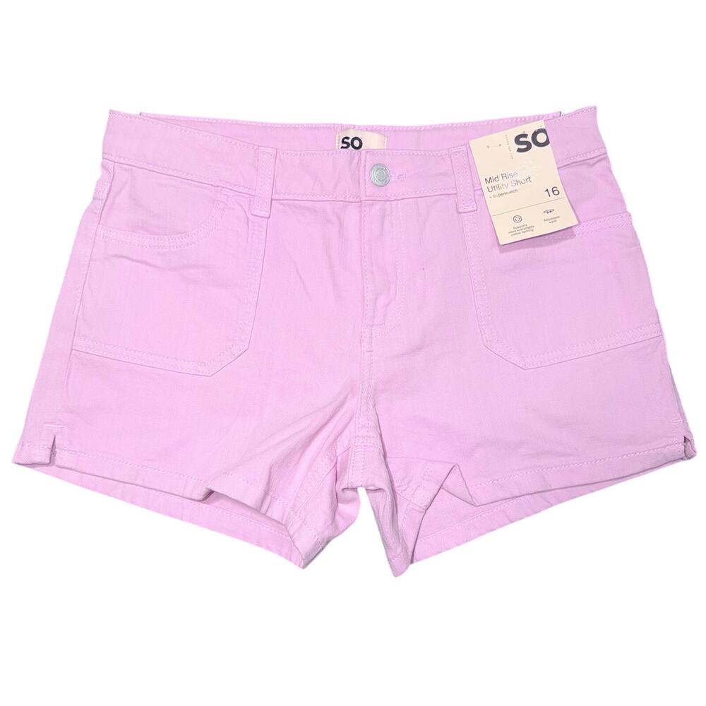 SO Girls Mid Rise Denim Utility Short Superstretch Lavender Purple Size 16